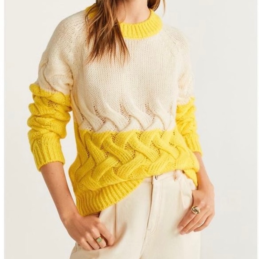 Mango Yellow & White Colourblock Knit Sweater